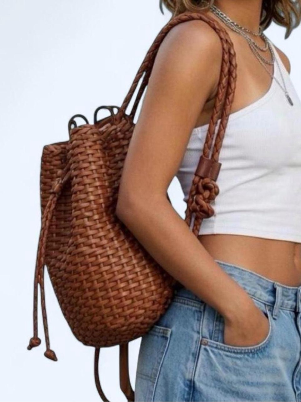 Vintage Italian Ellepi Woven Leather Bucket Bag, backpack adjustable purse
